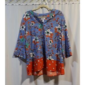 Denim & Co Women's Large Blouse Blue and Orange Floral Split Design Top